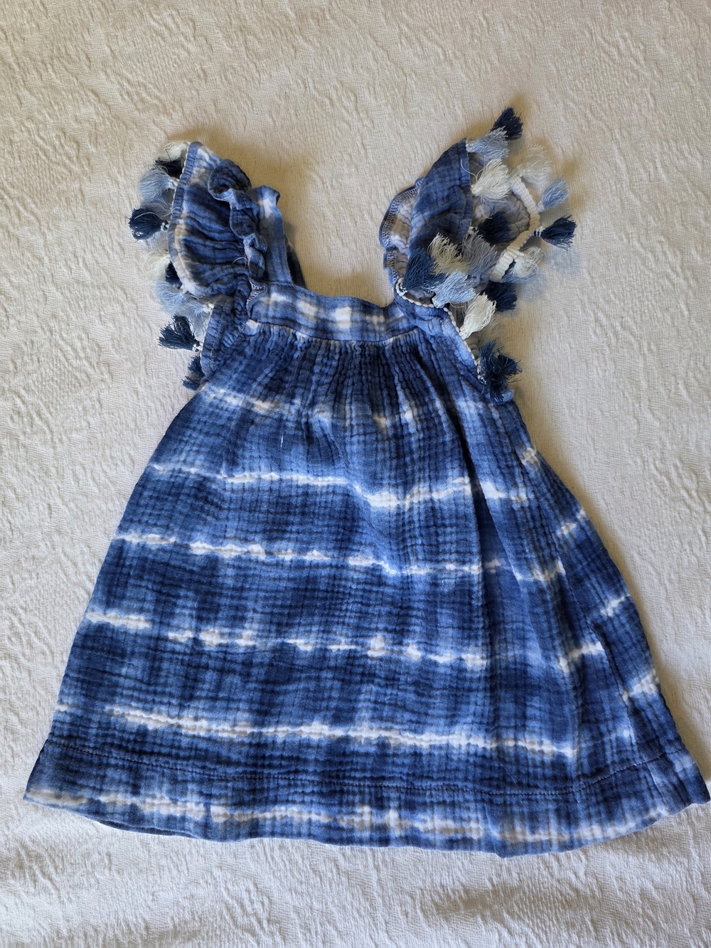 Mud Pie Blue and White Tie-Dye Tassel Fringe Dress - 12-18 Month